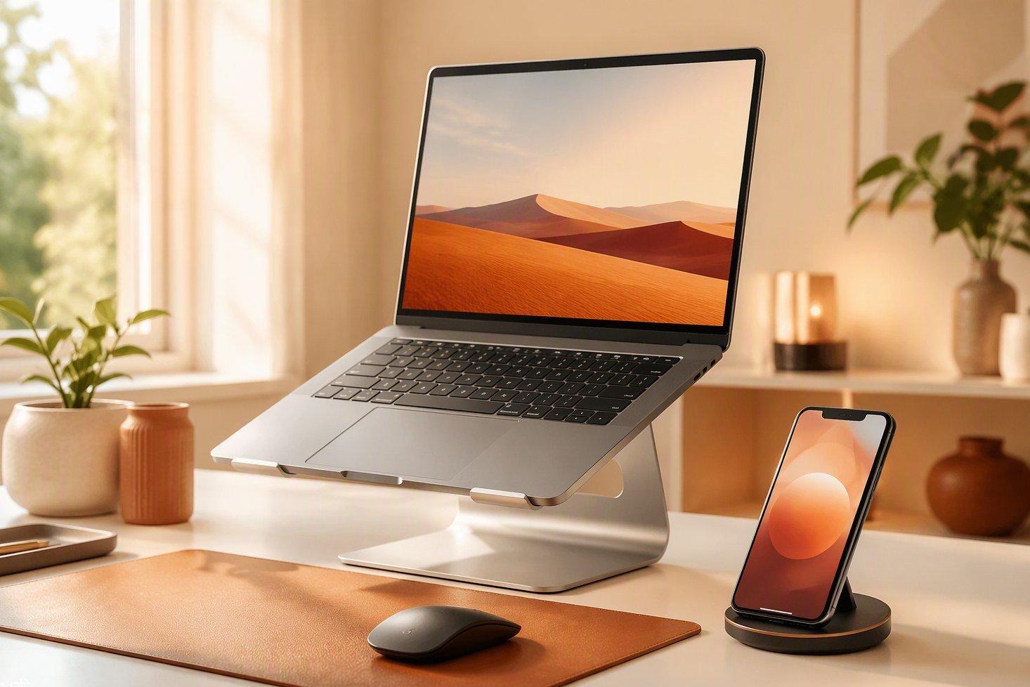A clean desk setup with laptop stand, charger and phone